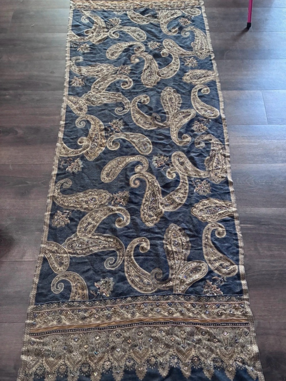 Chico's Navy Paisley wool and viscose Scarf with gold accents and beading